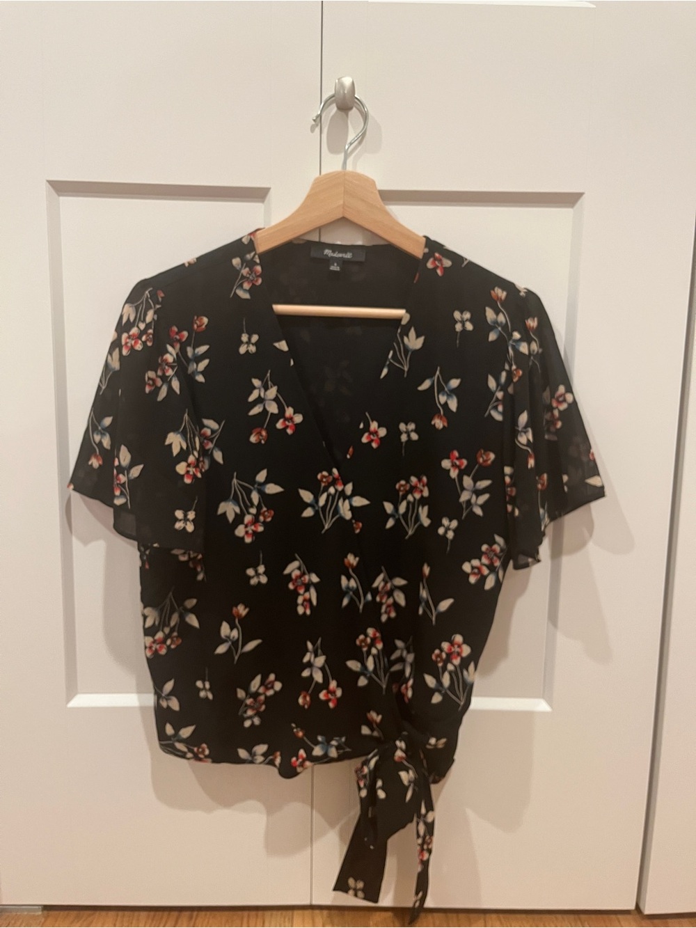 Madewell Black Floral Tie-Front V-Neck Blouse